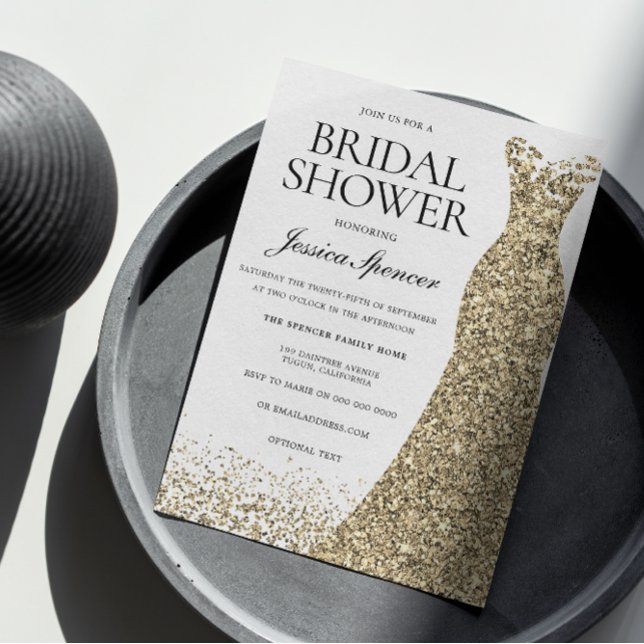 Eleganter Glitzer Gold Dress Brautparty Einladung (Von Creator hochgeladen)