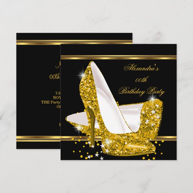 Eleganter Glitzer Gold Glamour High Heel Black Einladung (Vorne/Hinten)