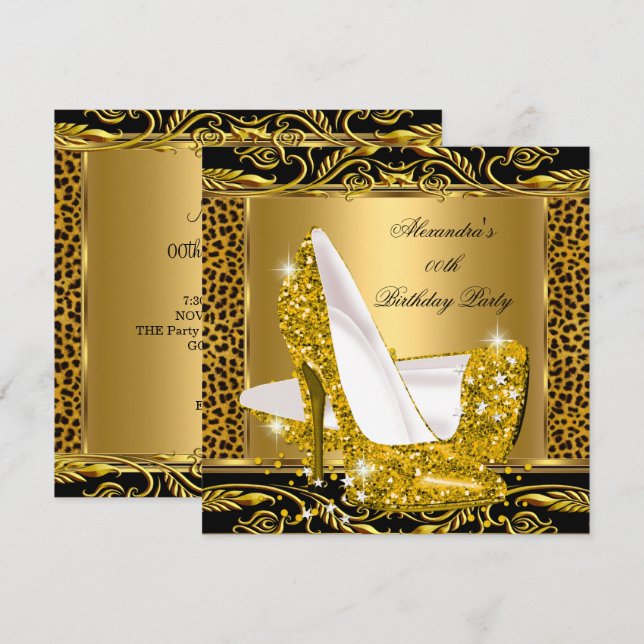 Eleganter Glitzer Gold Glamour High Heel Leopard 2 Einladung (Vorne/Hinten)