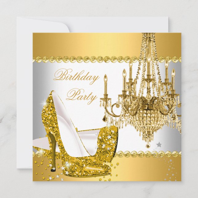 Eleganter Glitzer Gold Glamour Kronleuchter Party Einladung (Vorderseite)