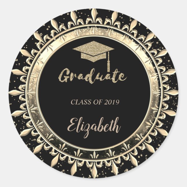 Eleganter Glitzer Gold Grad Cap, Confetti Runder Aufkleber (Vorderseite)