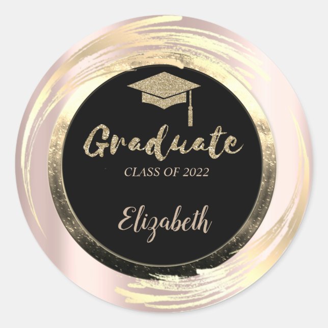 Eleganter Glitzer Gold Grad Cap, Schwarz, Rose Gol Runder Aufkleber (Vorderseite)
