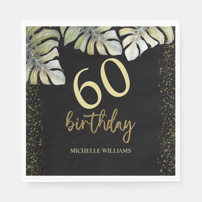 Eleganter Glitzer Gold Palm Calligraphy Geburtstag Serviette (Vorderseite)