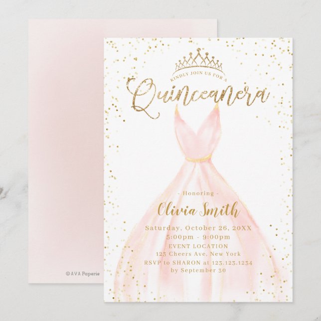 Eleganter Glitzer Gold & Rosa Aschenputtel Quincea Einladung (Vorne/Hinten)