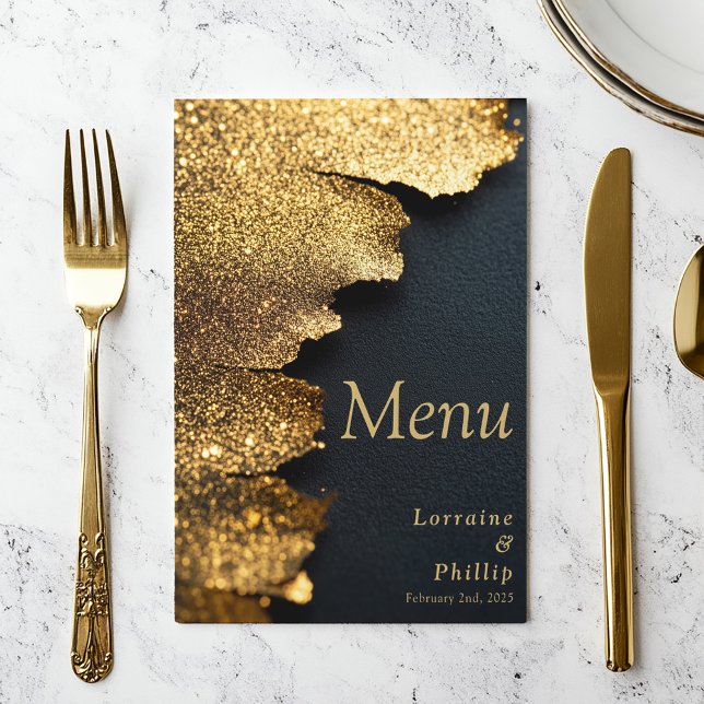 Eleganter Glitzer Gold und Black Wedding Menu Kart Menükarte (A luxurious gold foil texture effect menu card. Sleek black background and elegant gold text)