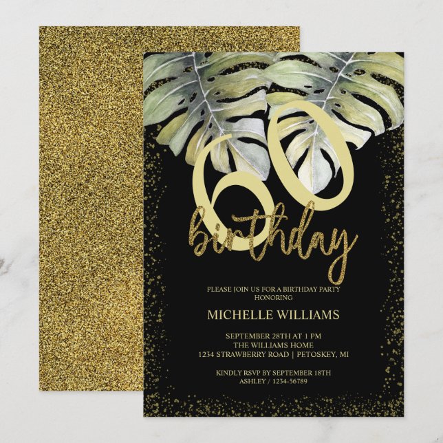 Eleganter Glitzer Goldkalligrafie Geburtstag Einladung (Vorne/Hinten)