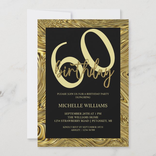 Eleganter Glitzer Goldkalligrafie Geburtstag Einladung (Vorderseite)