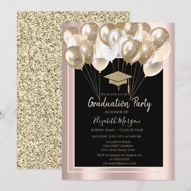 Eleganter Glitzer Grad Cap, Balloons Rose Gold Einladung (Vorne/Hinten)