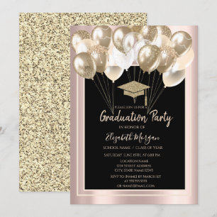 Eleganter Glitzer Grad Cap, Balloons Rose Gold Einladung