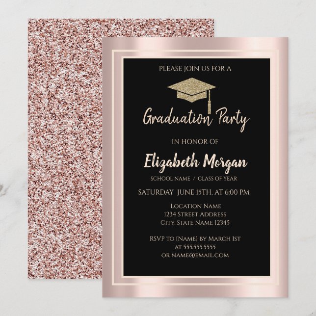 Eleganter Glitzer Graduation Cap Rose Gold Glitzer Einladung (Vorne/Hinten)