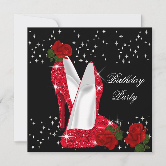 Eleganter Glitzer High Heels Rote Rose Geburtstag  Einladung (Vorderseite)