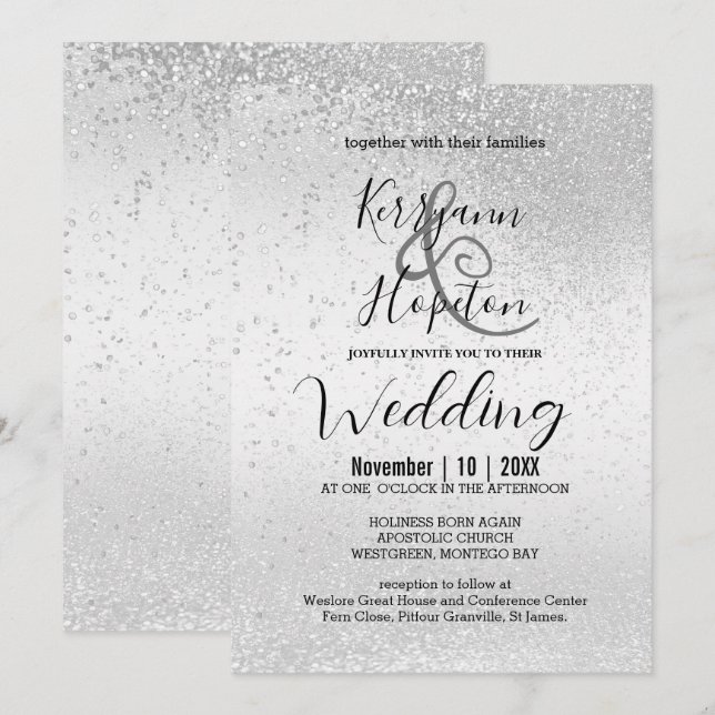 Eleganter Glitzer in Weiß und Silber Einladung (Vorne/Hinten)
