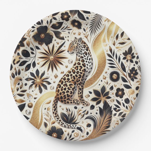 Eleganter Glitzer Leopard aus Schwarz und Gold Pappteller (Vorderseite)