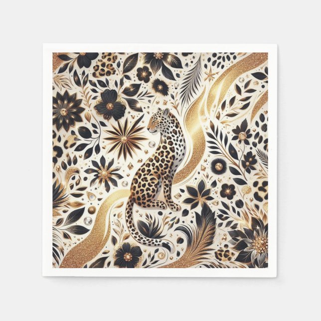 Eleganter Glitzer Leopard aus Schwarz und Gold Serviette (Vorderseite)