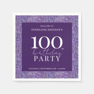 Eleganter Glitzer Lila 100. Geburtstagsparty Serviette