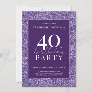 Eleganter Glitzer Lila 40. Geburtstag Party Einladung