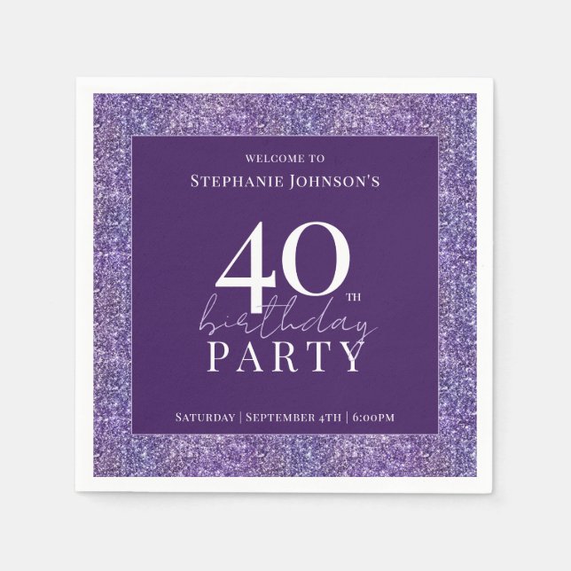 Eleganter Glitzer Lila 40. Geburtstag Party Serviette (Vorderseite)