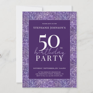 Eleganter Glitzer Lila 50. Geburtstagsparty Einladung
