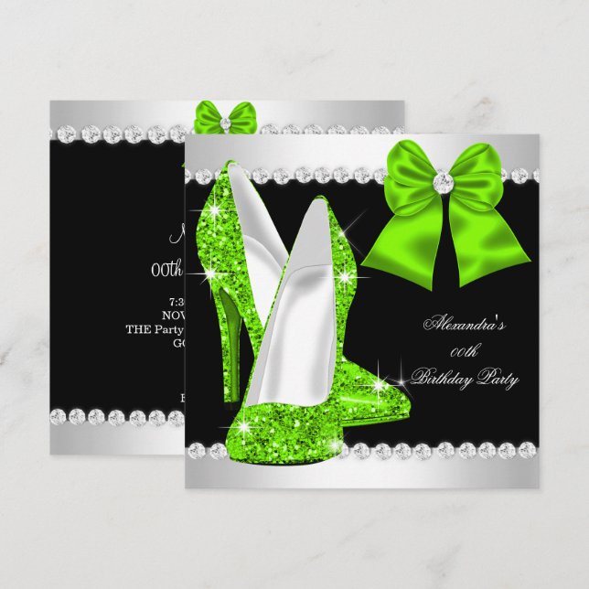 Eleganter Glitzer Lime Green High Heels Geburtstag Einladung (Vorne/Hinten)