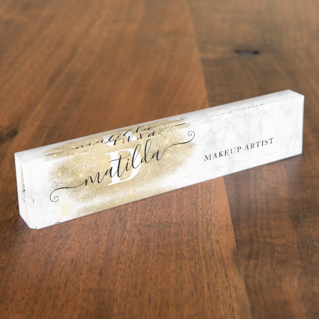 Eleganter Glitzer-Marmor-Makeup-Künstler Namensplakette (Seite)
