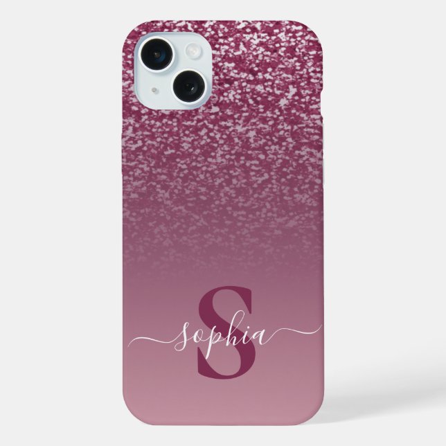 Eleganter Glitzer mit Monogramm Name iPhone 15 Plus Hülle (Rückseite)