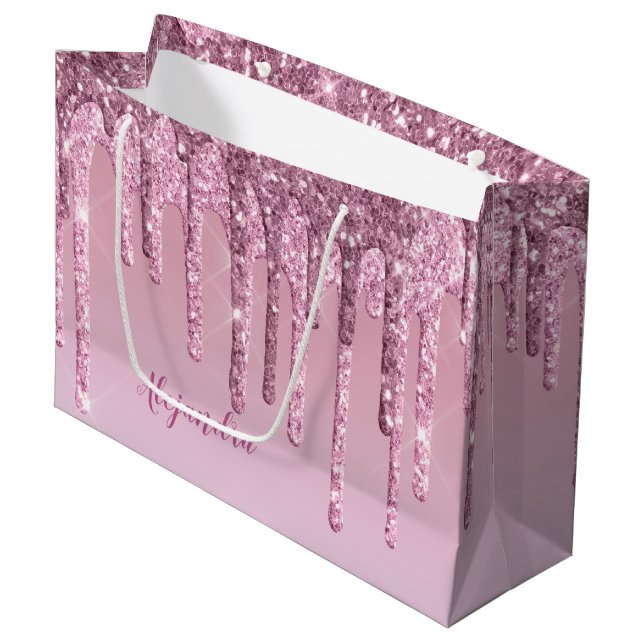 Eleganter Glitzer mit rosa Rosengold Tropfen Große Geschenktüte (Vorderseite Schrägansicht)