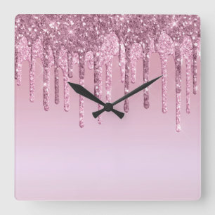 Eleganter Glitzer mit rosa Rosengold Tropfen Quadratische Wanduhr