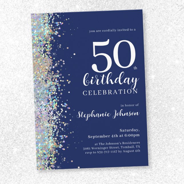 Eleganter Glitzer Navy 50. Geburtstag Einladung (Elegant Glitter Navy 50th Birthday Invitation)