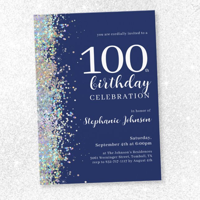 Eleganter Glitzer Navy Blue 100. Geburtstag Einladung (Elegant Glitter Navy Blue 100th Birthday Invitation)