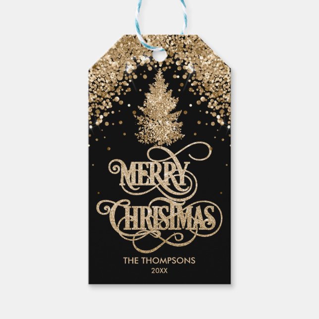 Eleganter Glitzer Pine Tree Frohe Weihnachten Geschenkanhänger (Vorderseite)