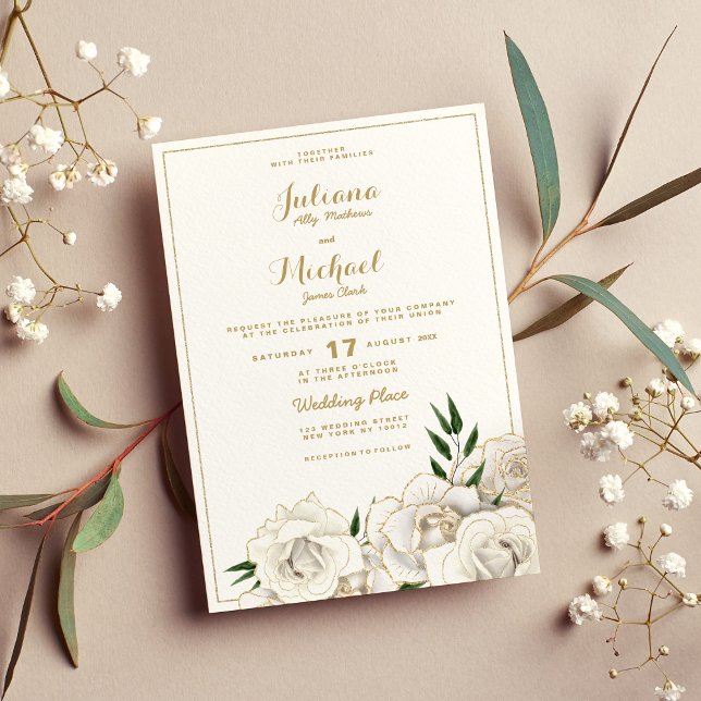 Eleganter Glitzer Rose Blütenhochzeit Einladung (Elegant white gold glitter roses floral Wedding Invitation (Front )