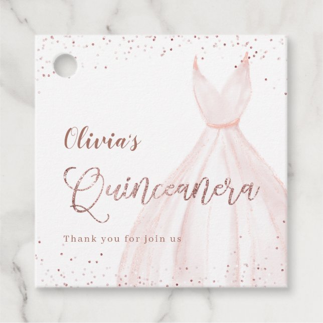 Eleganter Glitzer Rose Gold mit Kleid quinceañera  Geschenkanhänger (Vorderseite)