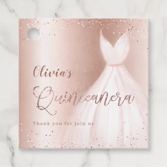 Eleganter Glitzer Rose Gold mit Kleid quinceañera Geschenkanhänger (Vorderseite)