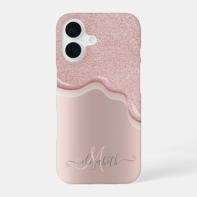 Eleganter Glitzer Rose Gold Tropfen Monogramm iPhone 16 Hülle (Rückseite)
