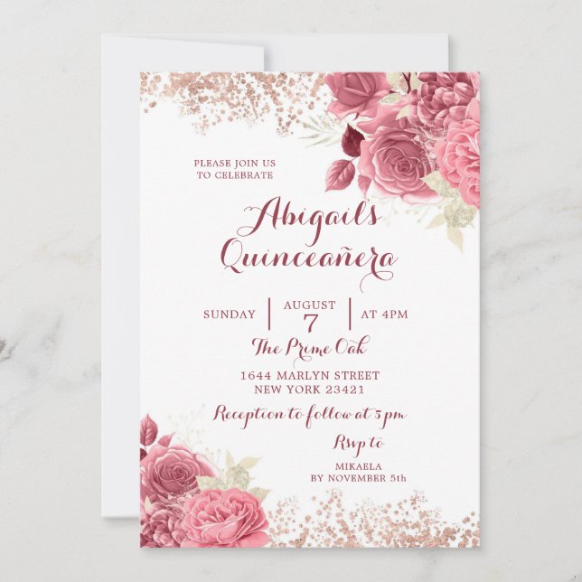 Eleganter Glitzer Rose Goldene Flora Quinceñera Einladung (Vorderseite)
