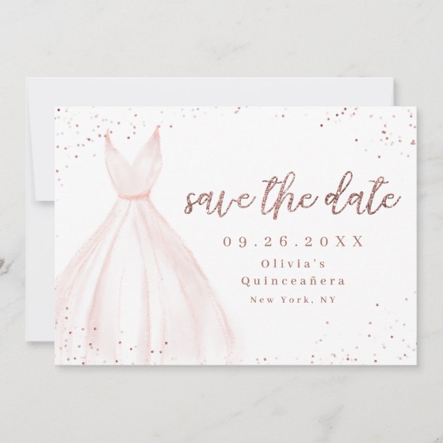 Eleganter Glitzer Rose goldfarbenes Kleid Save the Date (Vorderseite)