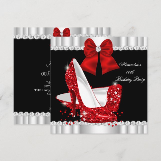 Eleganter Glitzer Roter Glamour Hohe Heels Geburts Einladung (Vorne/Hinten)