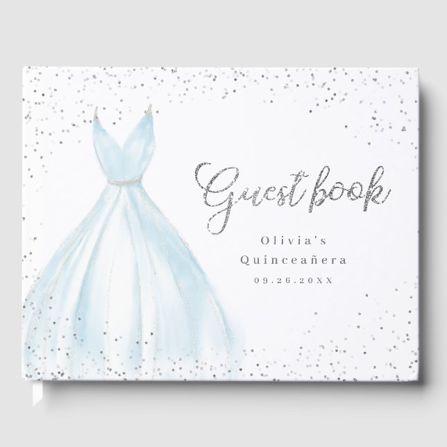 Eleganter Glitzer silberblaues Kleid quinceañera Gästebuch (Vorderseite)