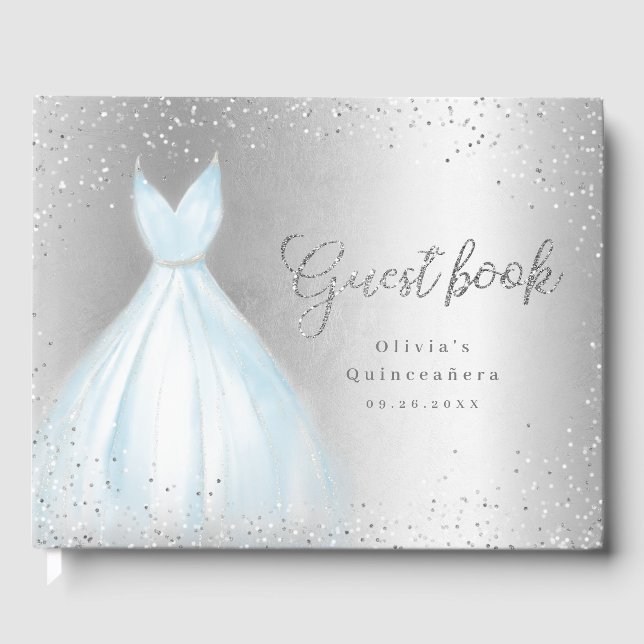 Eleganter Glitzer silberblaues Kleid quinceañera Gästebuch (Vorderseite)