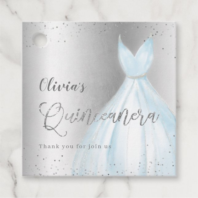 Eleganter Glitzer silberblaues Kleid quinceañera Geschenkanhänger (Vorderseite)