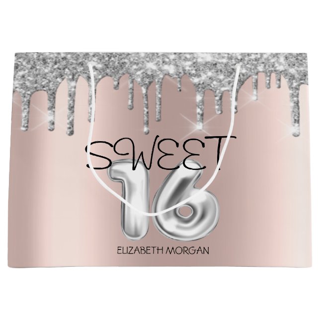 Eleganter Glitzer Silver Tropfen Sweet 16 Große Geschenktüte (Vorderseite)
