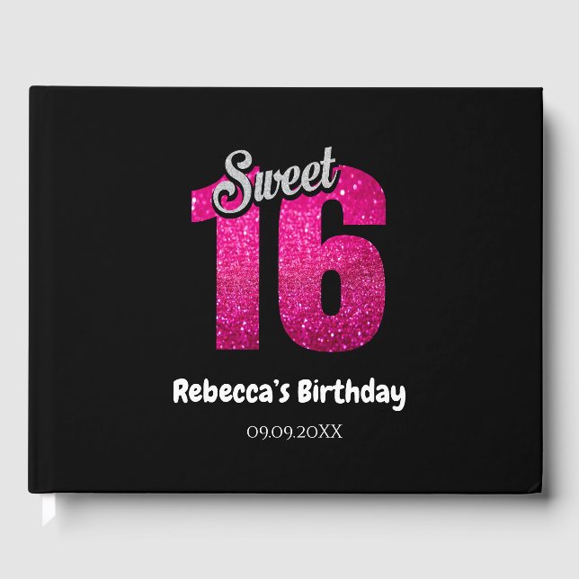 Eleganter Glitzer Sparkle Sweet 16 Geburtstag Gästebuch (Vorderseite)