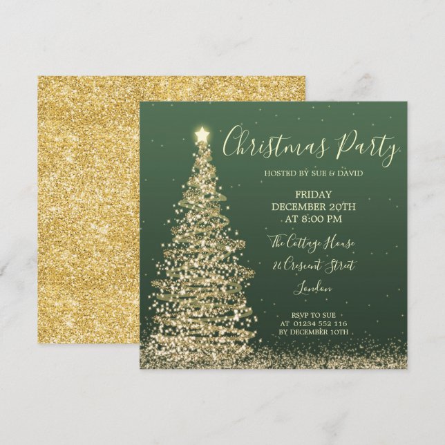 Eleganter Glitzer Tree Green Christmas Party Einladung (Vorne/Hinten)