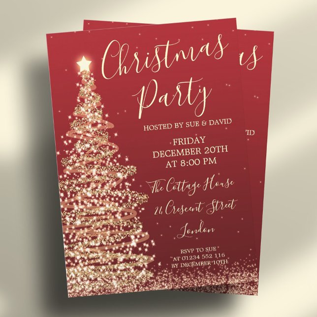 Eleganter Glitzer Tree Rotes Weihnachtsfest Party Einladung (Elegant Glitter Tree Red Christmas Party Invitation)