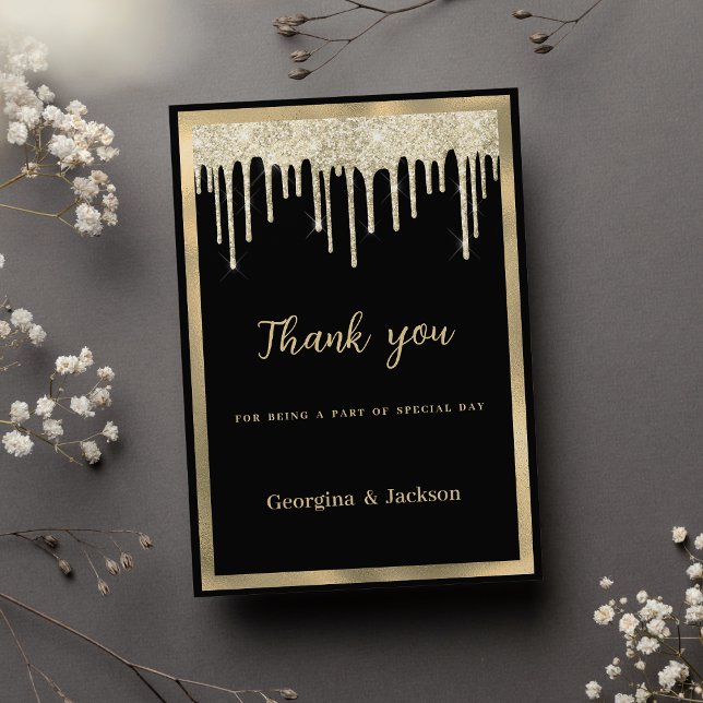 Eleganter Glitzer Tropfen aus schwarzem Gold Danke Einladung (Elegant black gold glitter drips Thank You )