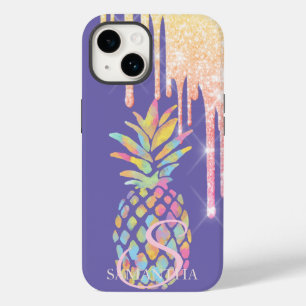 Eleganter Glitzer Tropfen Farbenfrohe Ananas Lila Case-Mate iPhone 14 Hülle