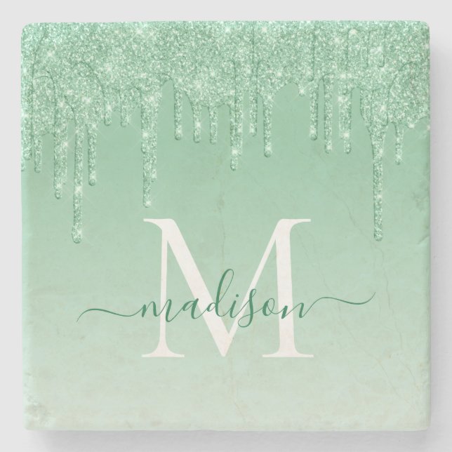 Eleganter Glitzer Tropfen Mint Green Monogram Scri Steinuntersetzer (Vorderseite)