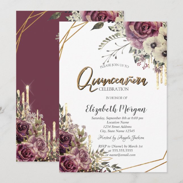 Eleganter Glitzer Tropfen, Party in Quinceñera Einladung (Vorne/Hinten)