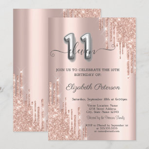 Eleganter Glitzer Tropfen Rose Gold 11. Geburtstag Einladung