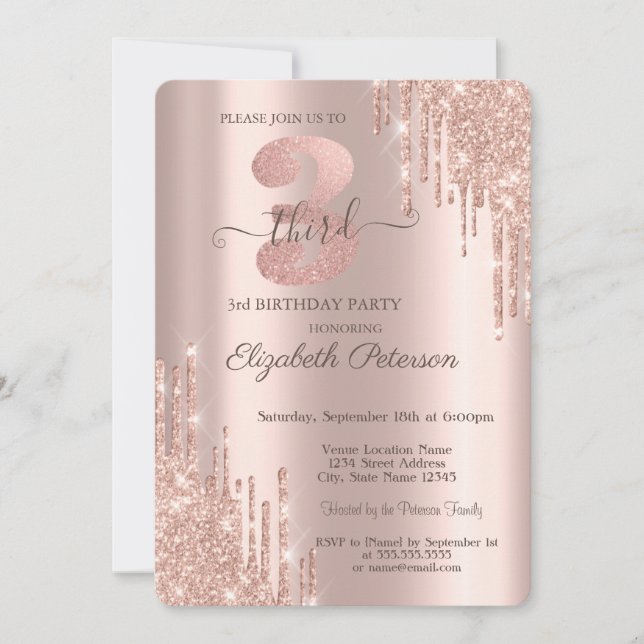 Eleganter Glitzer Tropfen Rose Gold 3. Geburtstag Einladung (Vorderseite)